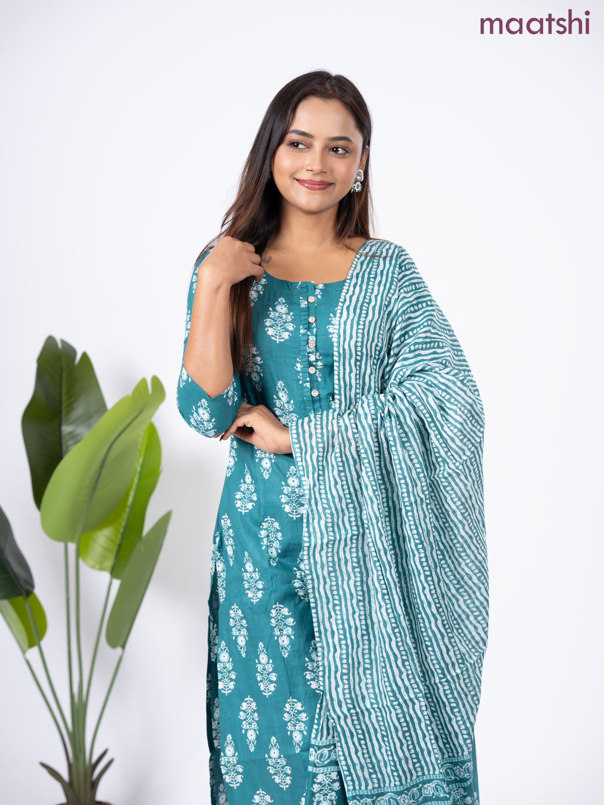 Semi cotton salwar suit teal green and off white with allover butta prints & simple neck pattern and straight cut pant & dupatta