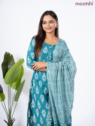 Semi cotton salwar suit teal green and off white with allover butta prints & simple neck pattern and straight cut pant & dupatta