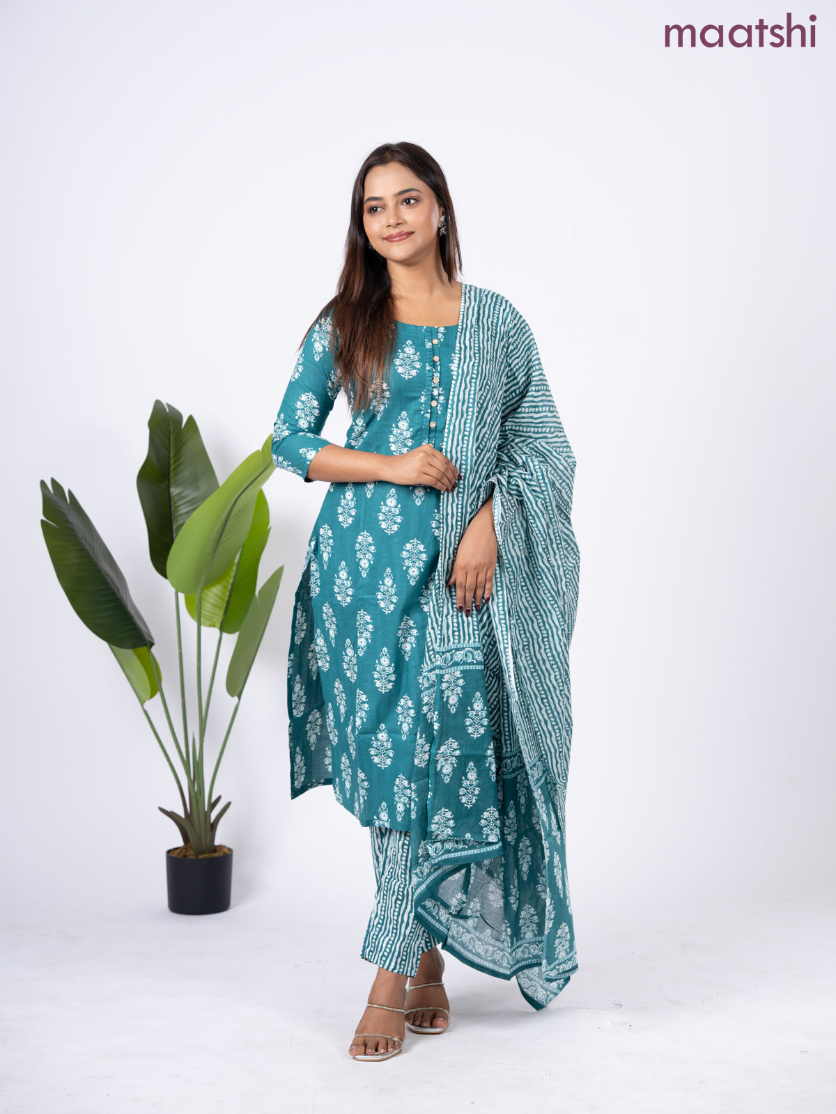 Semi cotton salwar suit teal green and off white with allover butta prints & simple neck pattern and straight cut pant & dupatta