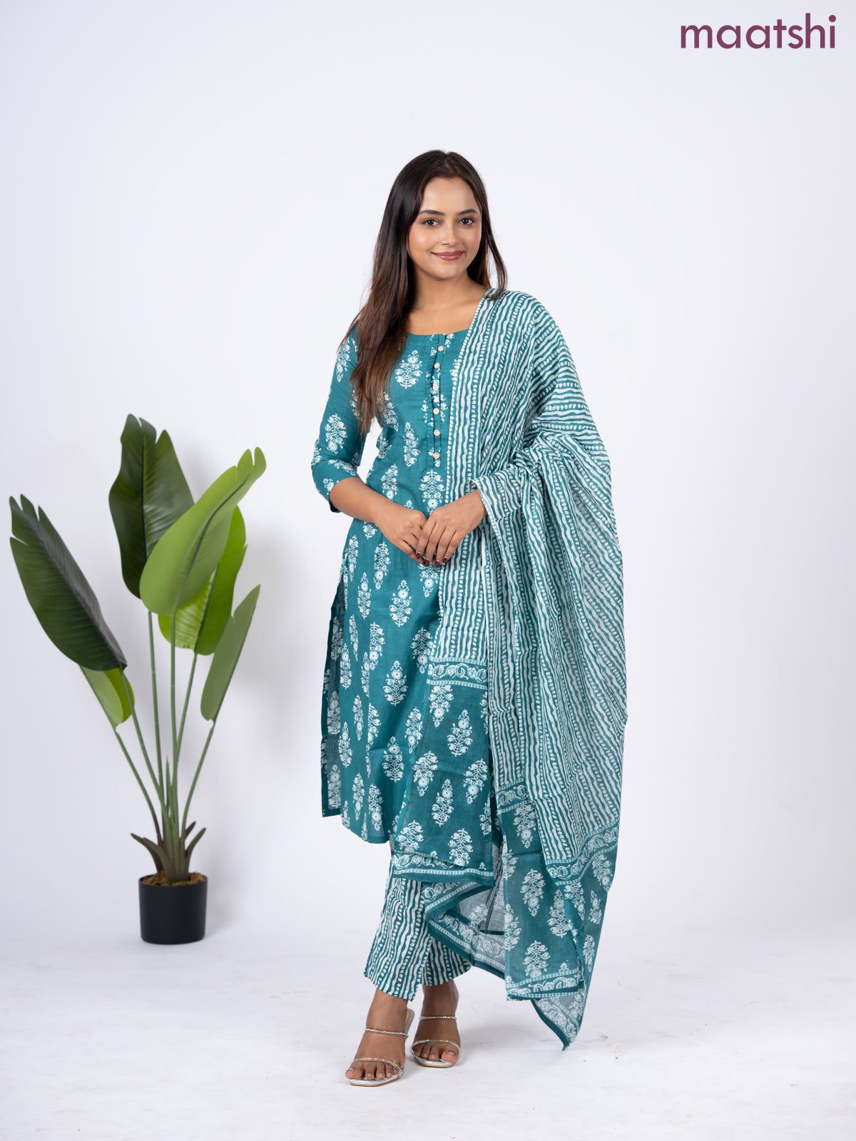 Semi cotton salwar suit teal green and off white with allover butta prints & simple neck pattern and straight cut pant & dupatta