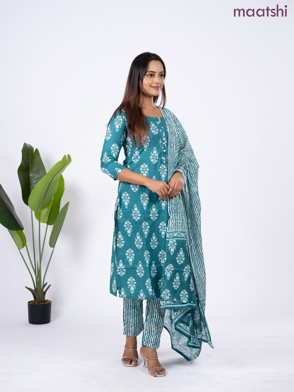 Semi cotton salwar suit teal green and off white with allover butta prints & simple neck pattern and straight cut pant & dupatta
