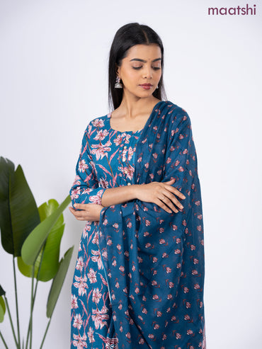 Semi cotton salwar suit blue with allover floral prints & simple neck pattern and straight cut pant & dupatta