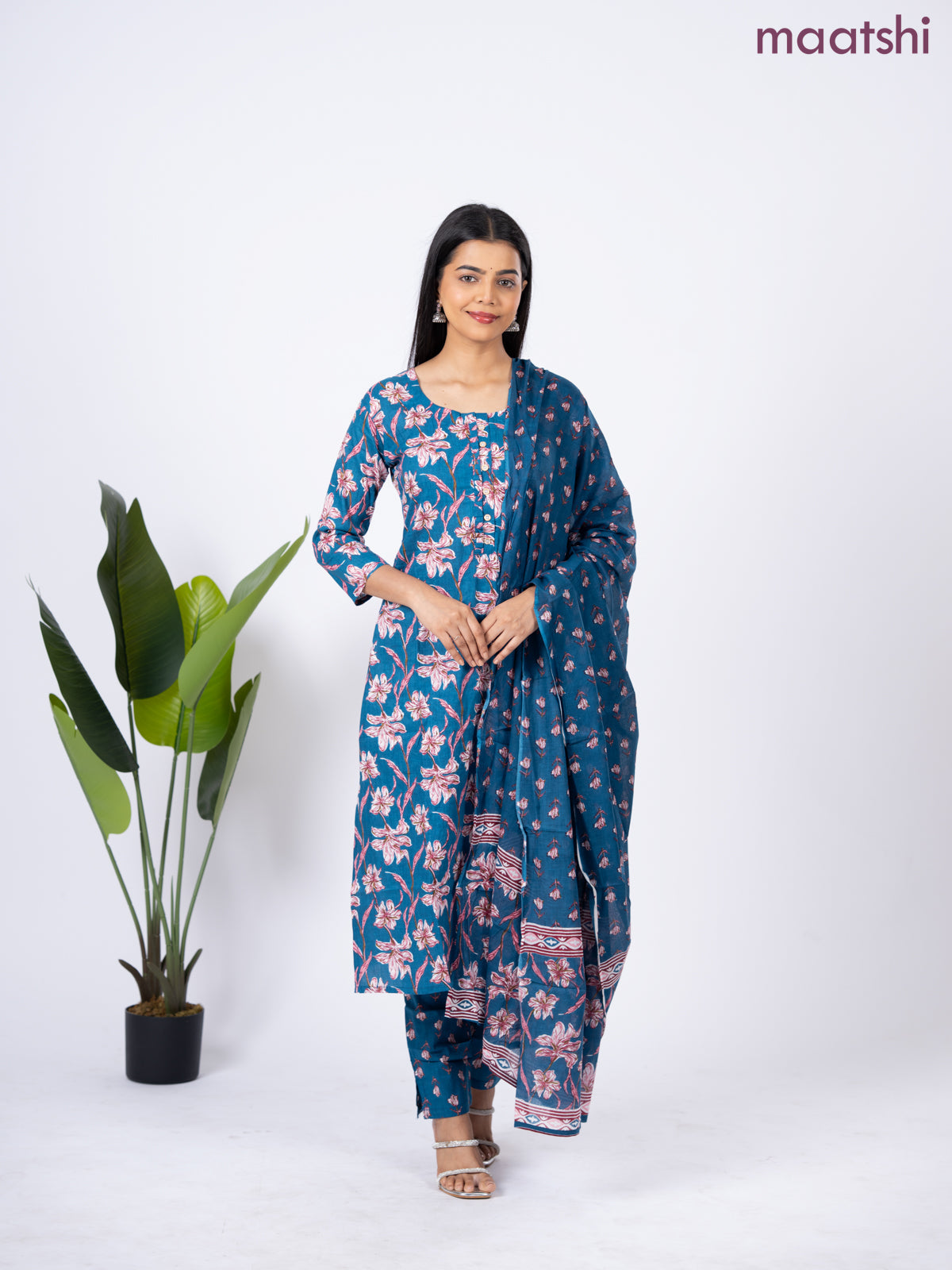 Semi cotton salwar suit blue with allover floral prints & simple neck pattern and straight cut pant & dupatta