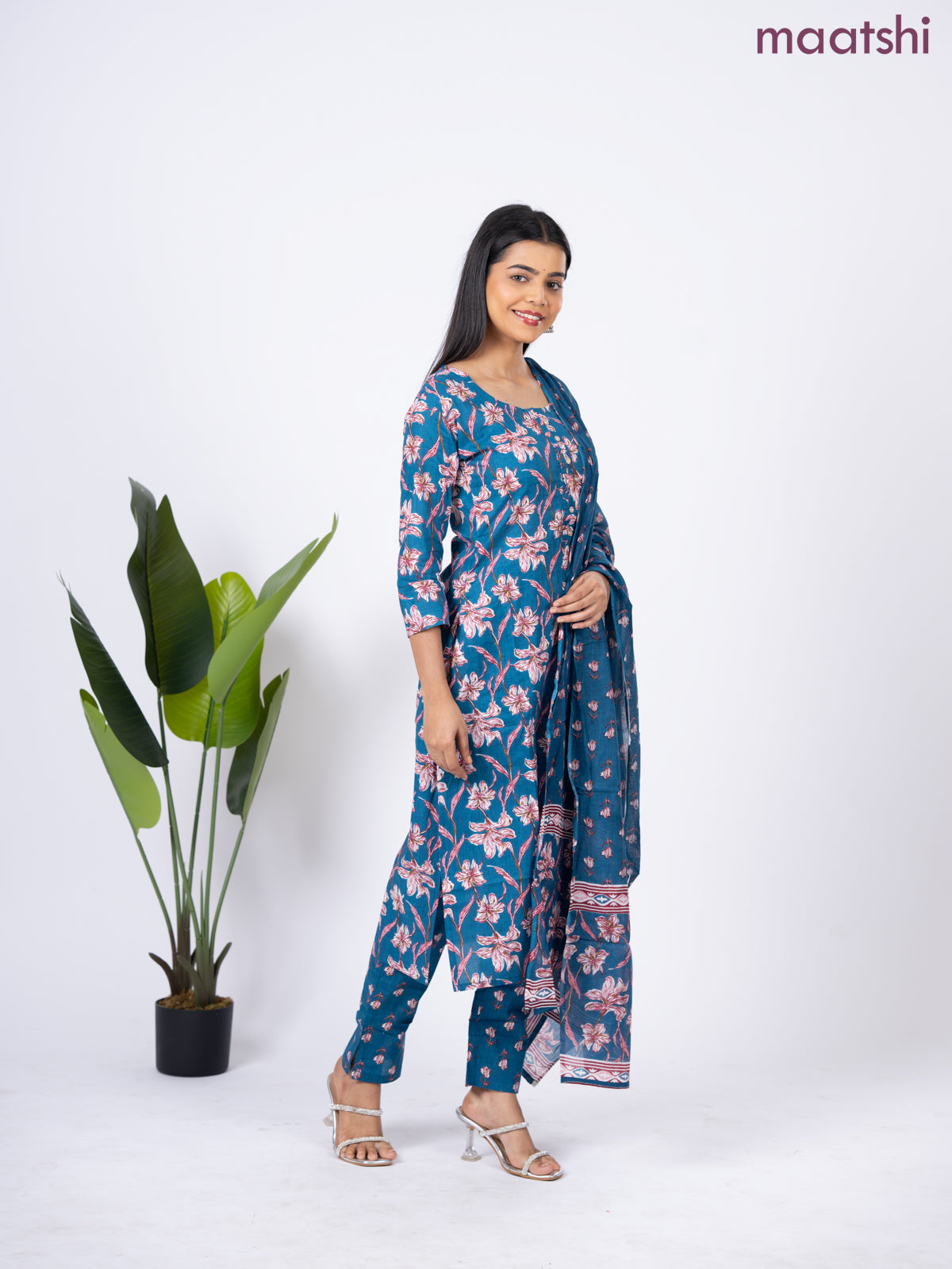 Semi cotton salwar suit blue with allover floral prints & simple neck pattern and straight cut pant & dupatta
