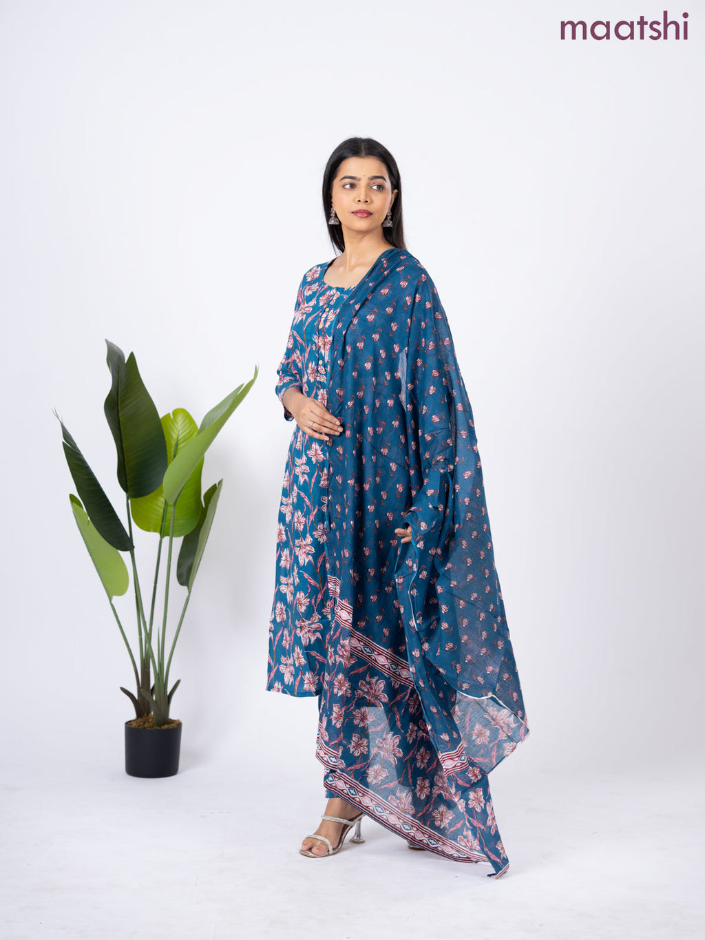 Semi cotton salwar suit blue with allover floral prints & simple neck pattern and straight cut pant & dupatta