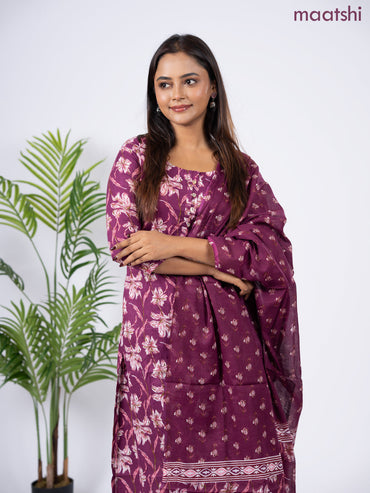 Semi cotton salwar suit dark magenta pink with allover floral prints & simple neck pattern and straight cut pant & dupatta