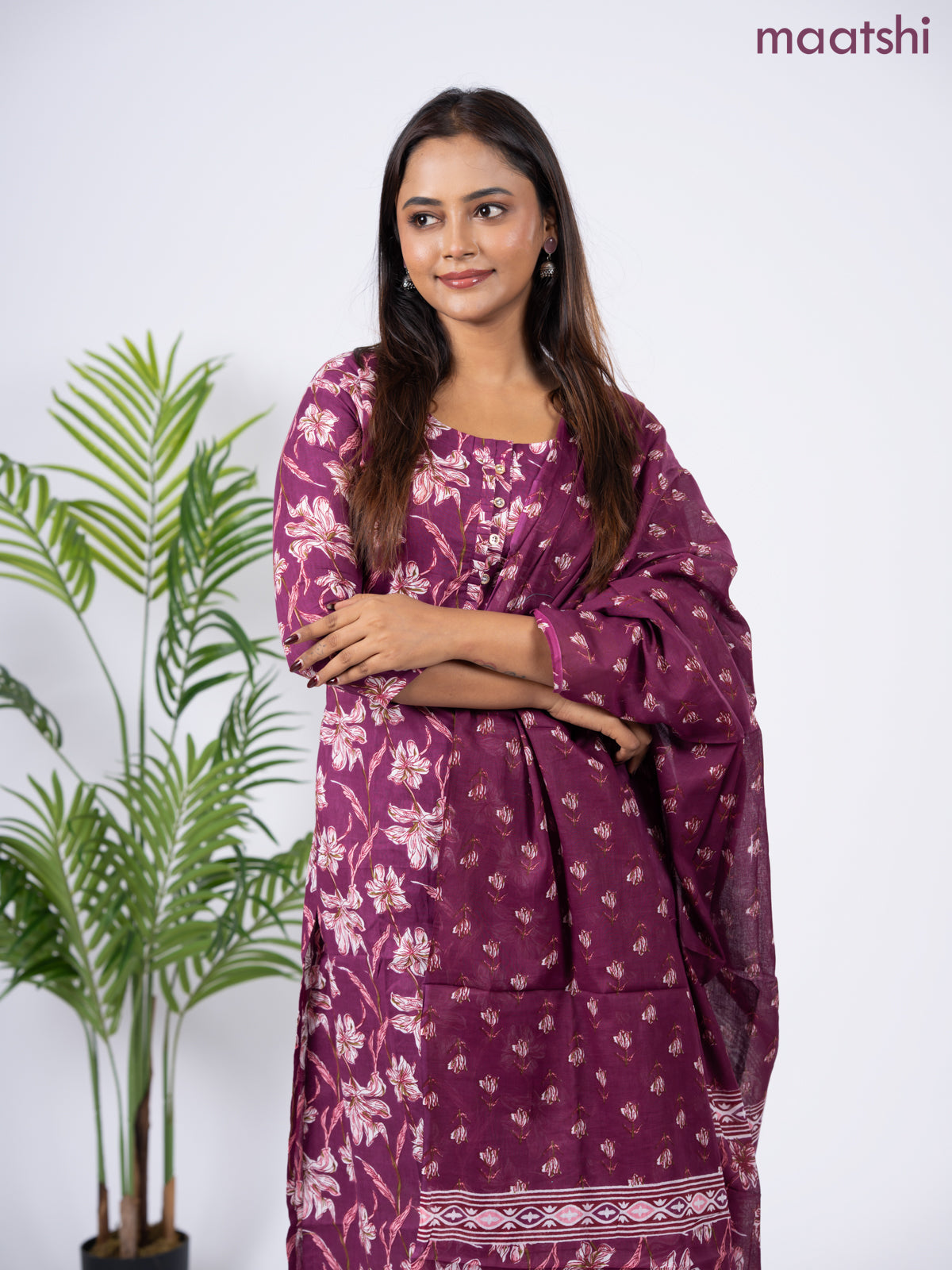 Semi cotton salwar suit dark magenta pink with allover floral prints & simple neck pattern and straight cut pant & dupatta