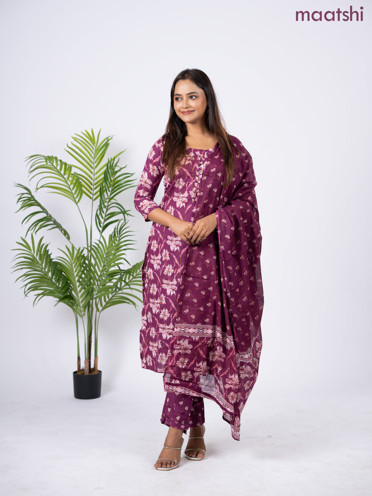 Semi cotton salwar suit dark magenta pink with allover floral prints & simple neck pattern and straight cut pant & dupatta