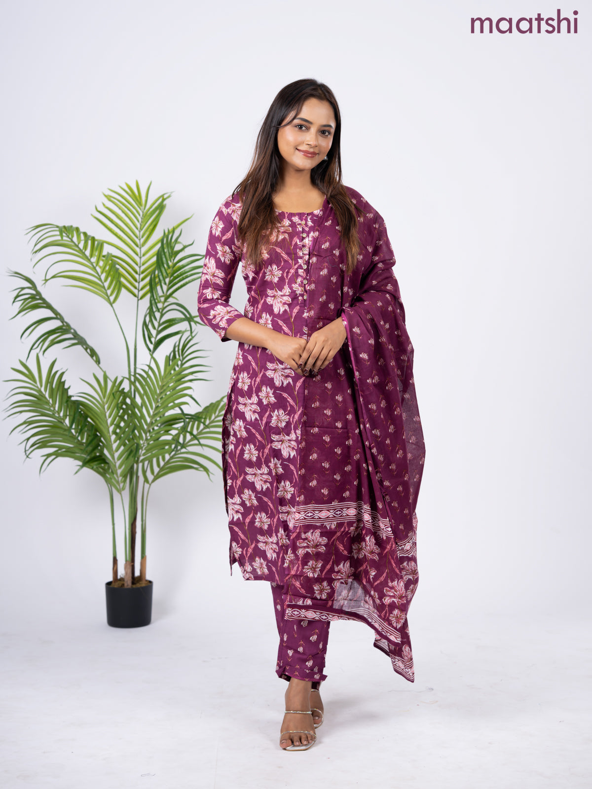 Semi cotton salwar suit dark magenta pink with allover floral prints & simple neck pattern and straight cut pant & dupatta