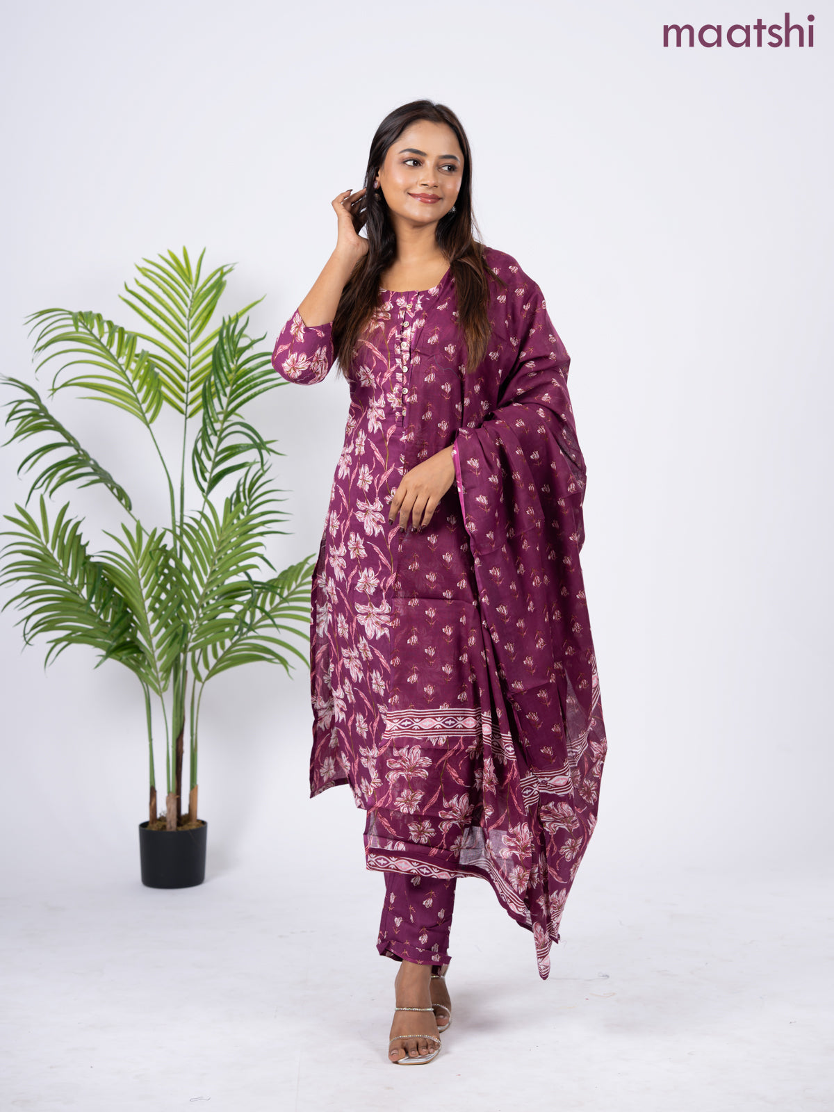 Semi cotton salwar suit dark magenta pink with allover floral prints & simple neck pattern and straight cut pant & dupatta