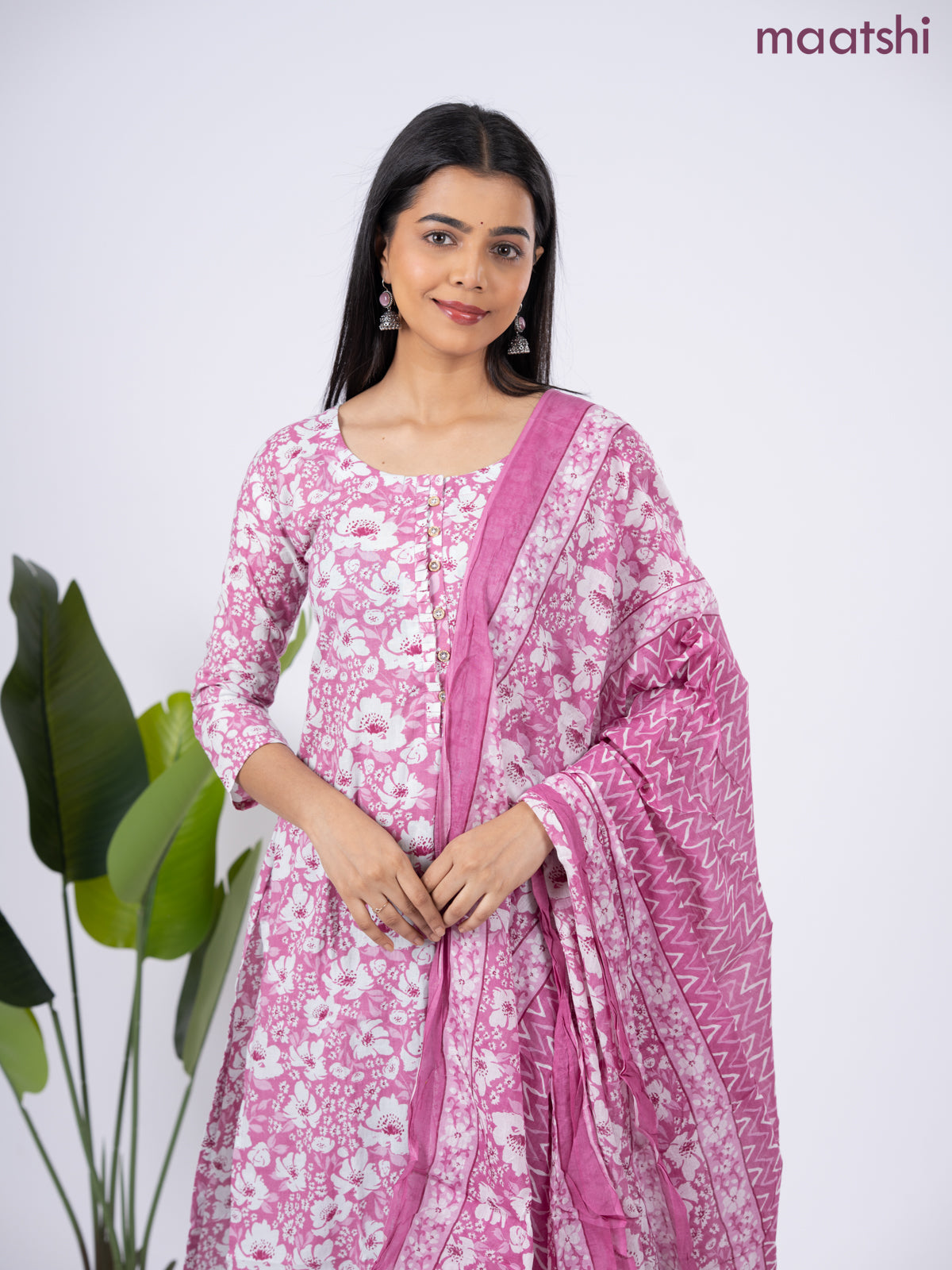 Semi cotton salwar suit mauve pink and off white with allover floral prints & simple neck pattern and straight cut pant & dupatta