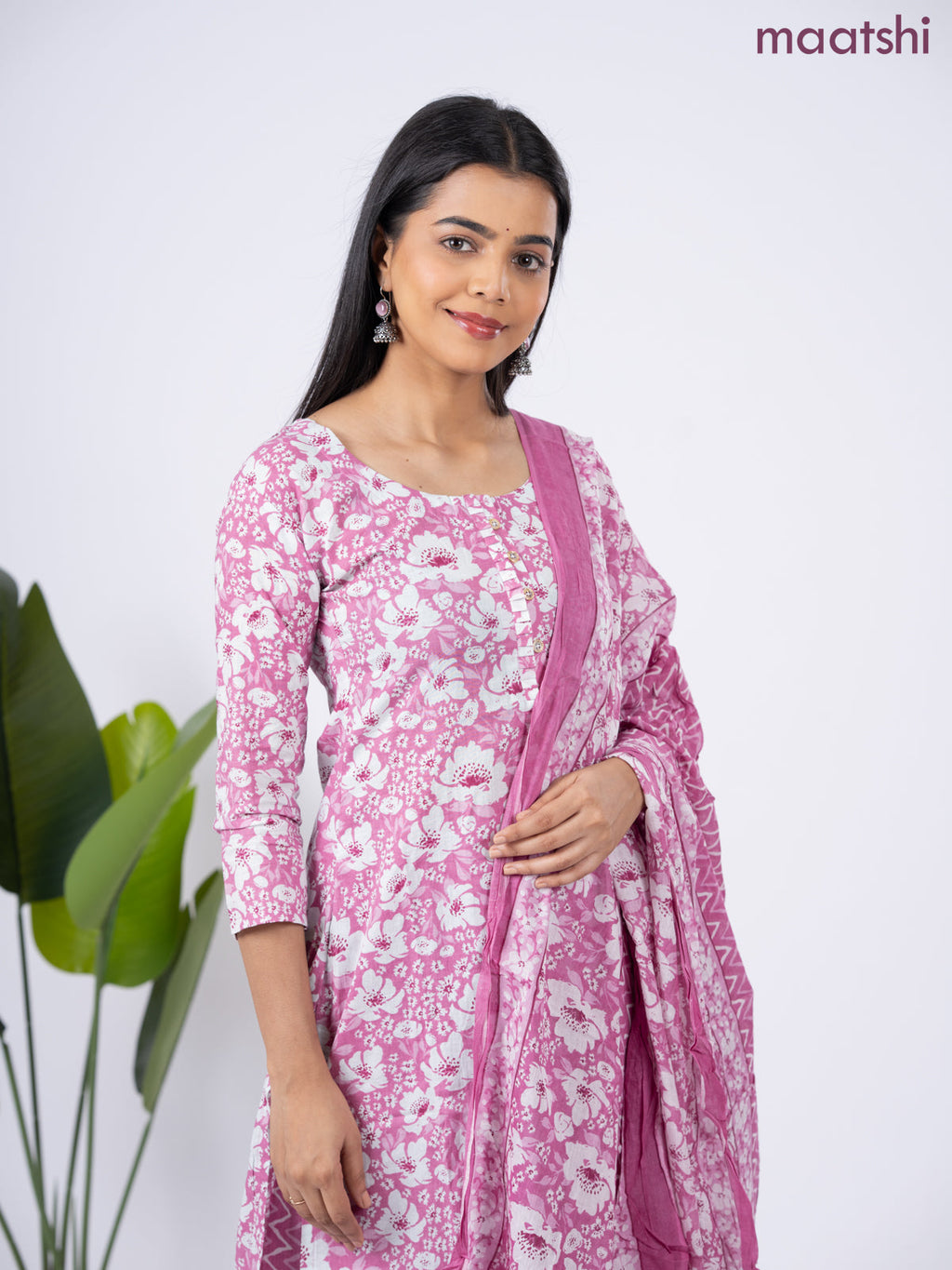 Semi cotton salwar suit mauve pink and off white with allover floral prints & simple neck pattern and straight cut pant & dupatta