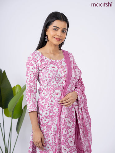 Semi cotton salwar suit mauve pink and off white with allover floral prints & simple neck pattern and straight cut pant & dupatta