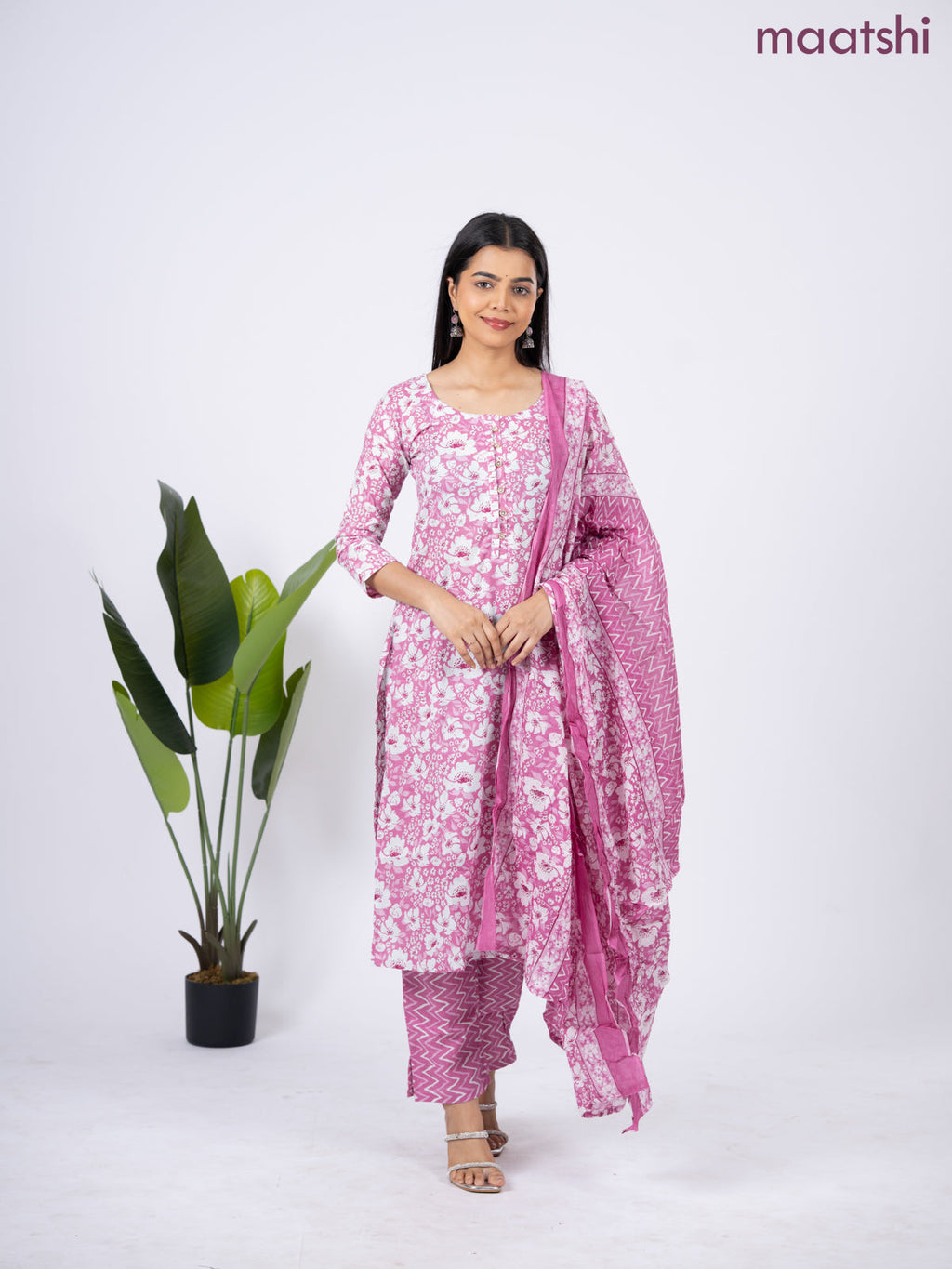 Semi cotton salwar suit mauve pink and off white with allover floral prints & simple neck pattern and straight cut pant & dupatta