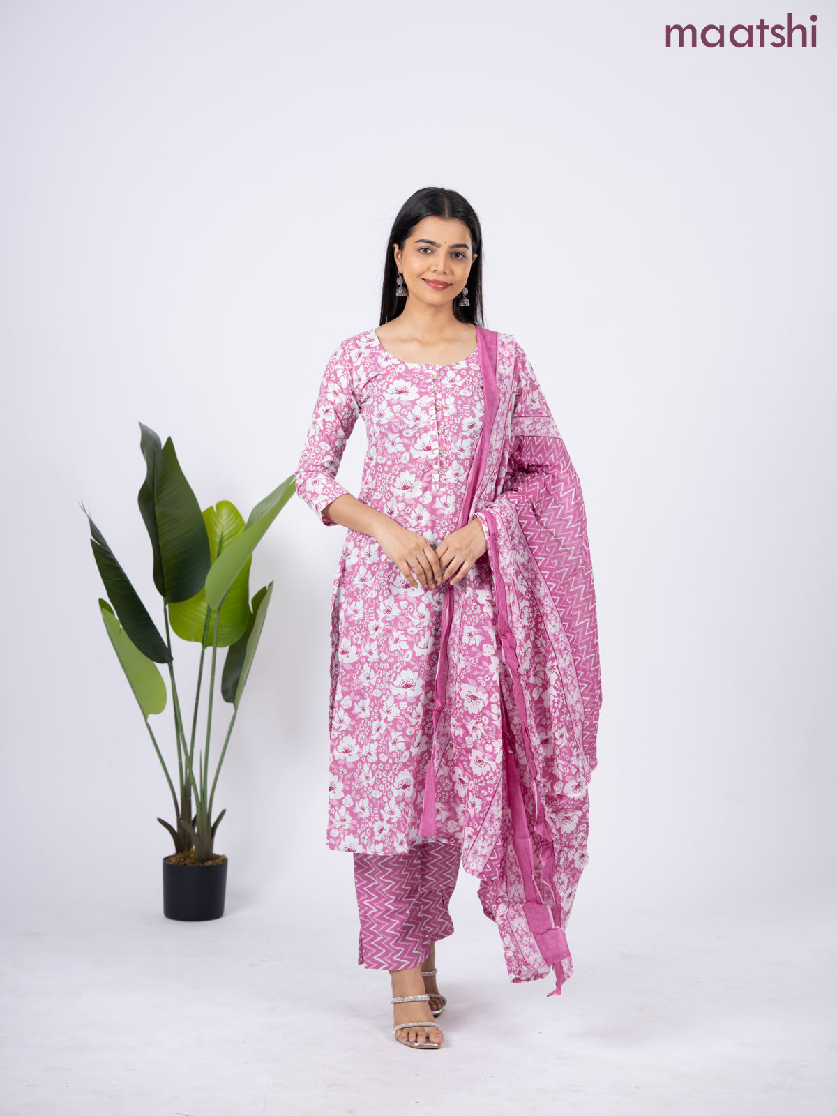 Semi cotton salwar suit mauve pink and off white with allover floral prints & simple neck pattern and straight cut pant & dupatta