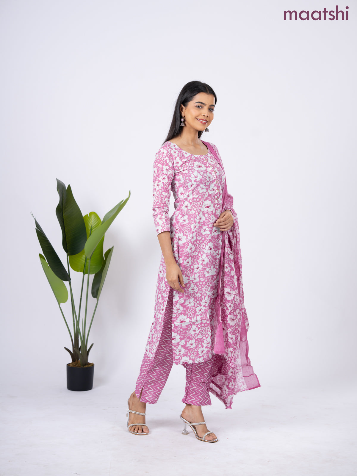 Semi cotton salwar suit mauve pink and off white with allover floral prints & simple neck pattern and straight cut pant & dupatta