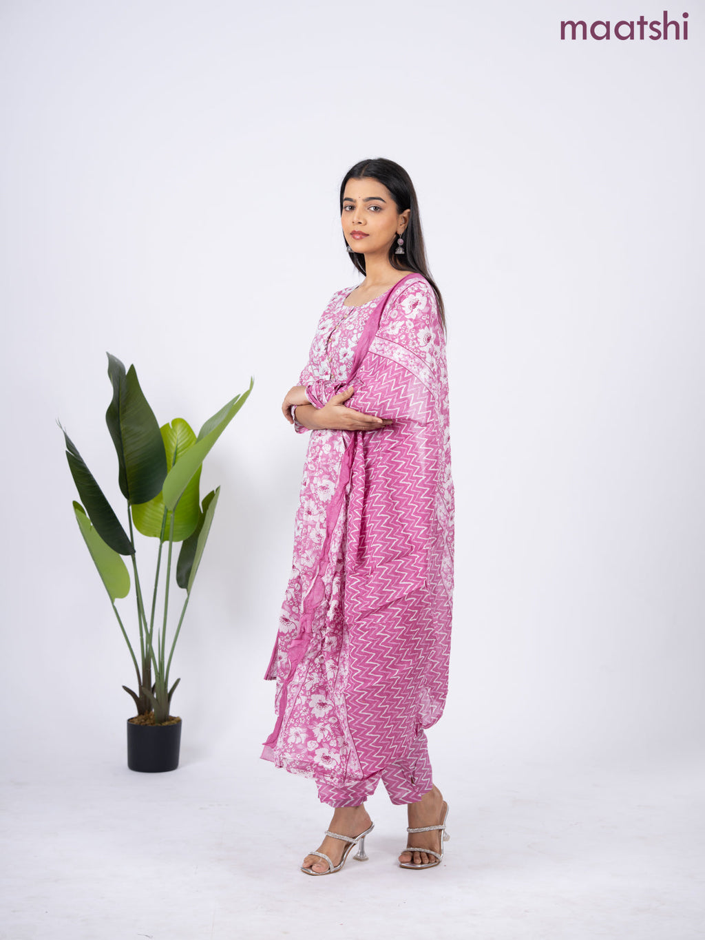 Semi cotton salwar suit mauve pink and off white with allover floral prints & simple neck pattern and straight cut pant & dupatta