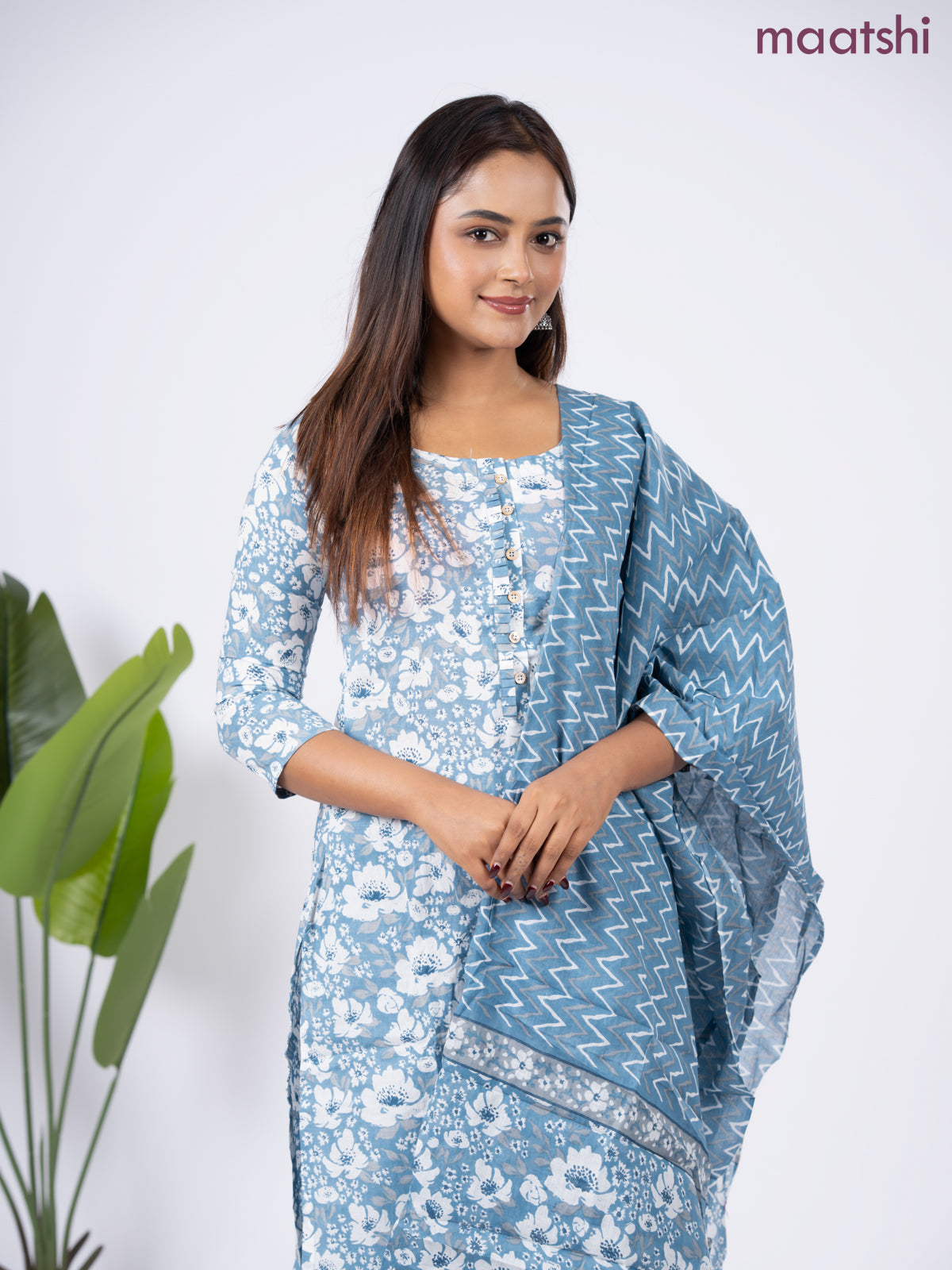 Semi cotton salwar suit bluish grey and off white with allover floral prints & simple neck pattern and straight cut pant & dupatta