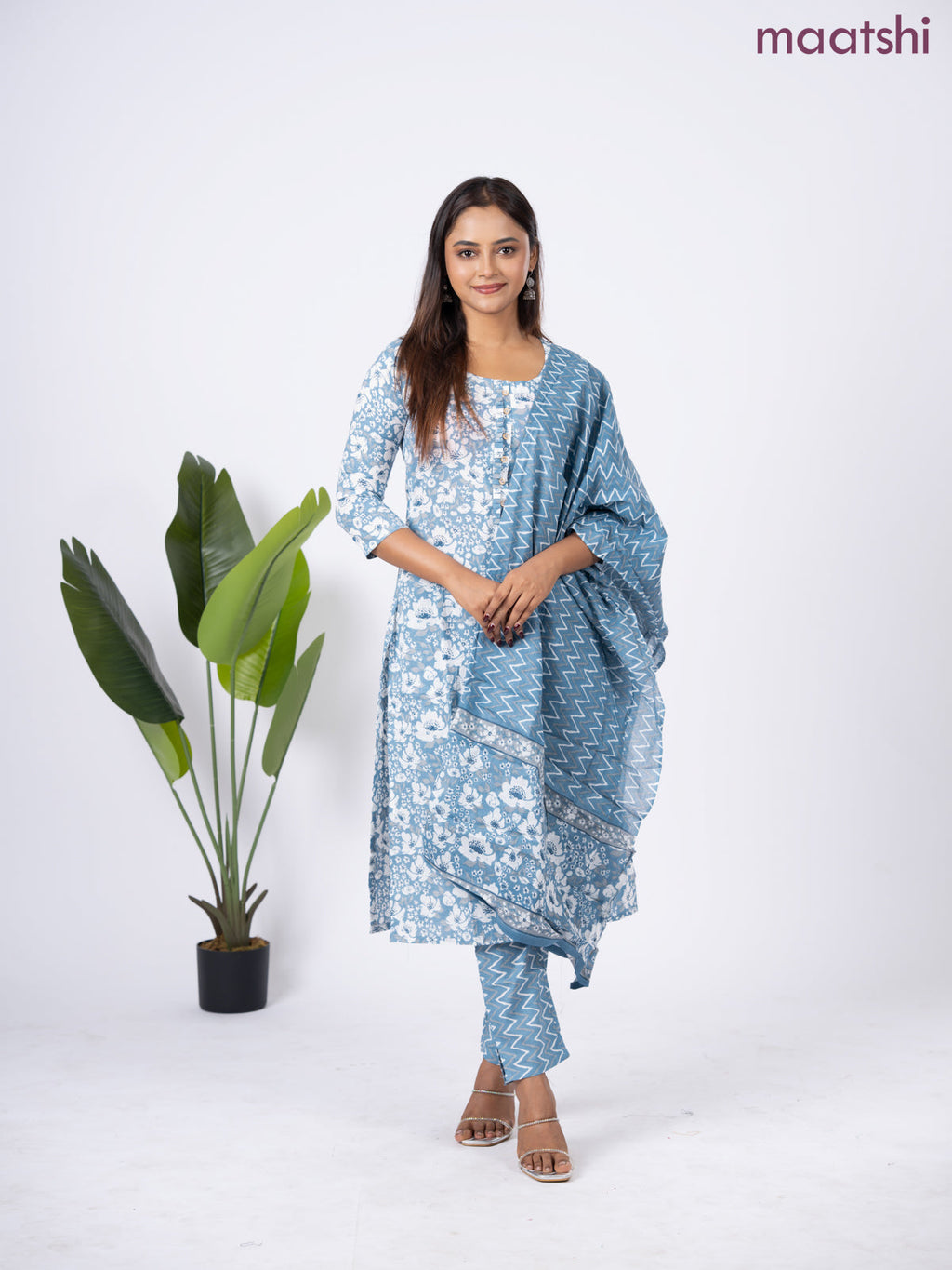 Semi cotton salwar suit bluish grey and off white with allover floral prints & simple neck pattern and straight cut pant & dupatta