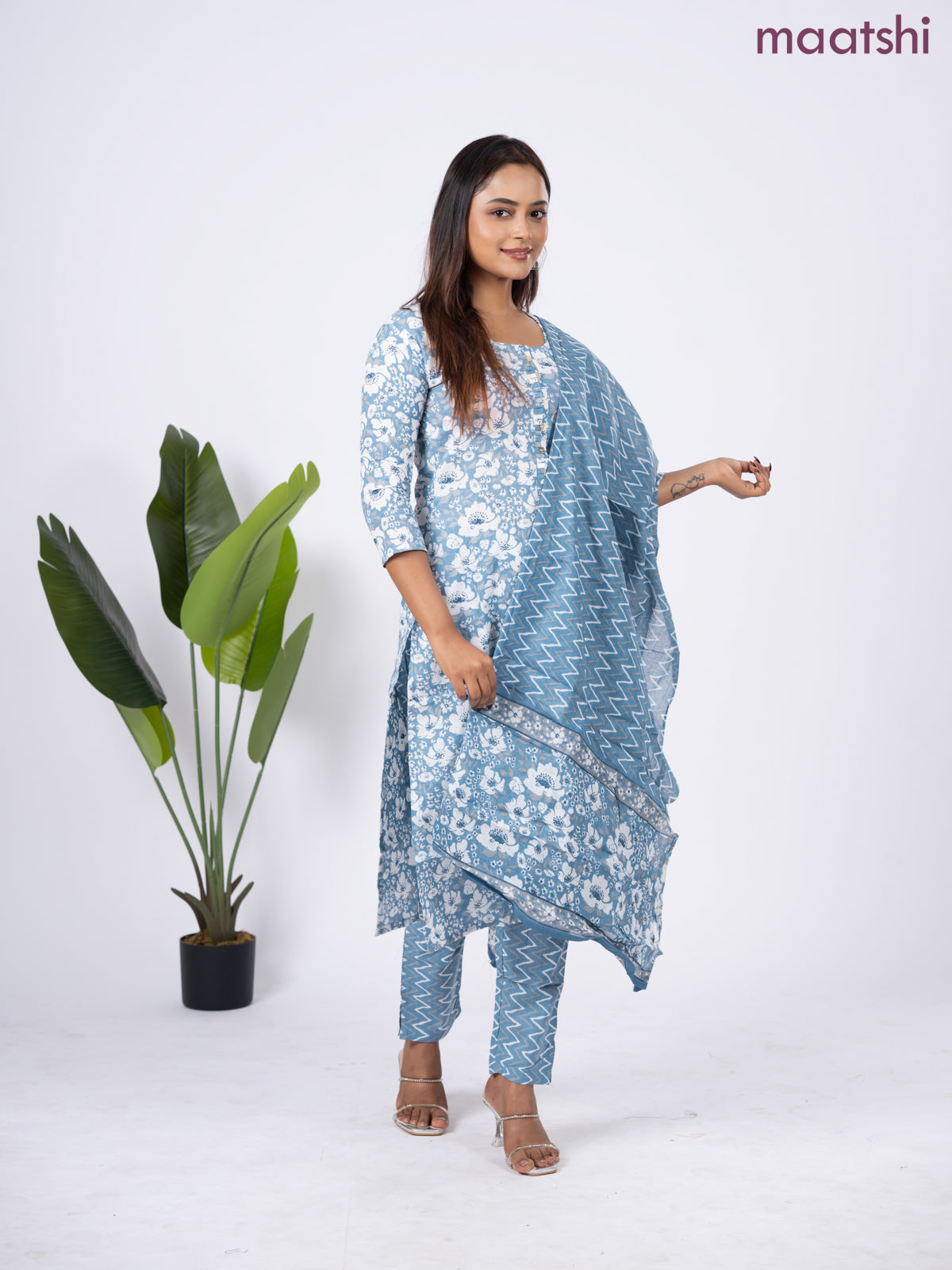 Semi cotton salwar suit bluish grey and off white with allover floral prints & simple neck pattern and straight cut pant & dupatta