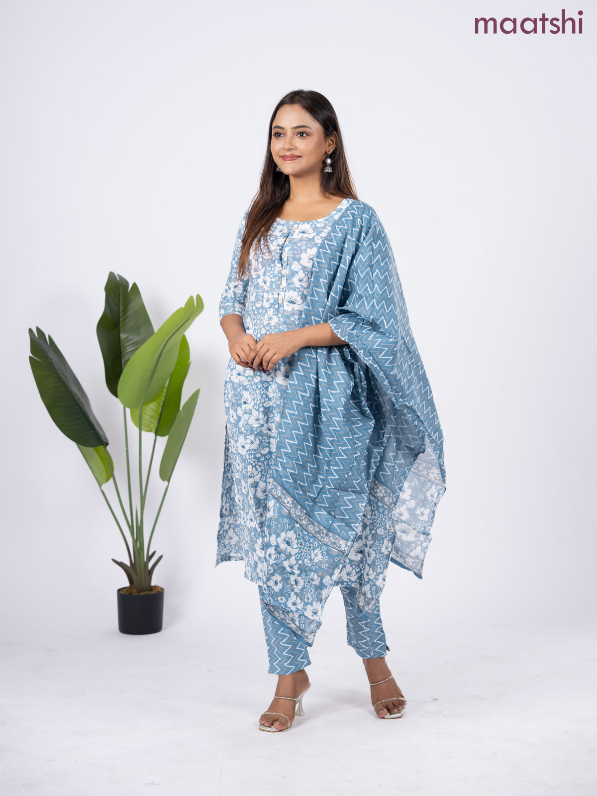 Semi cotton salwar suit bluish grey and off white with allover floral prints & simple neck pattern and straight cut pant & dupatta