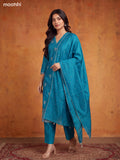 Teal Blue Chanderi Floral Embroidery Work V-Neckline Straight Suit