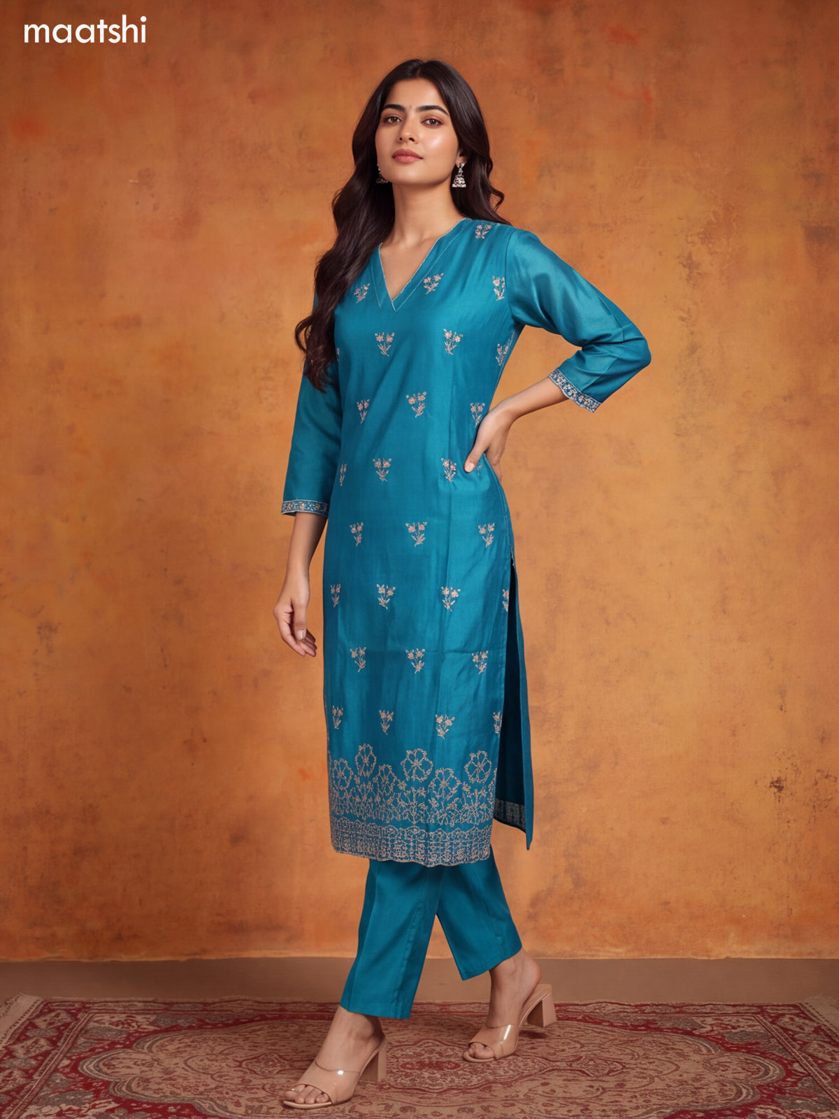 Teal Blue Chanderi Floral Embroidery Work V-Neckline Straight Suit