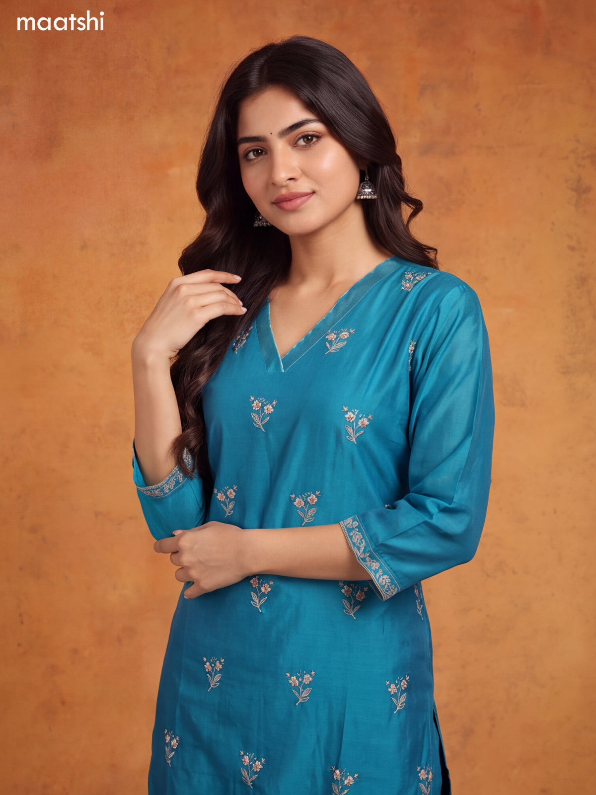 Teal Blue Chanderi Floral Embroidery Work V-Neckline Straight Suit