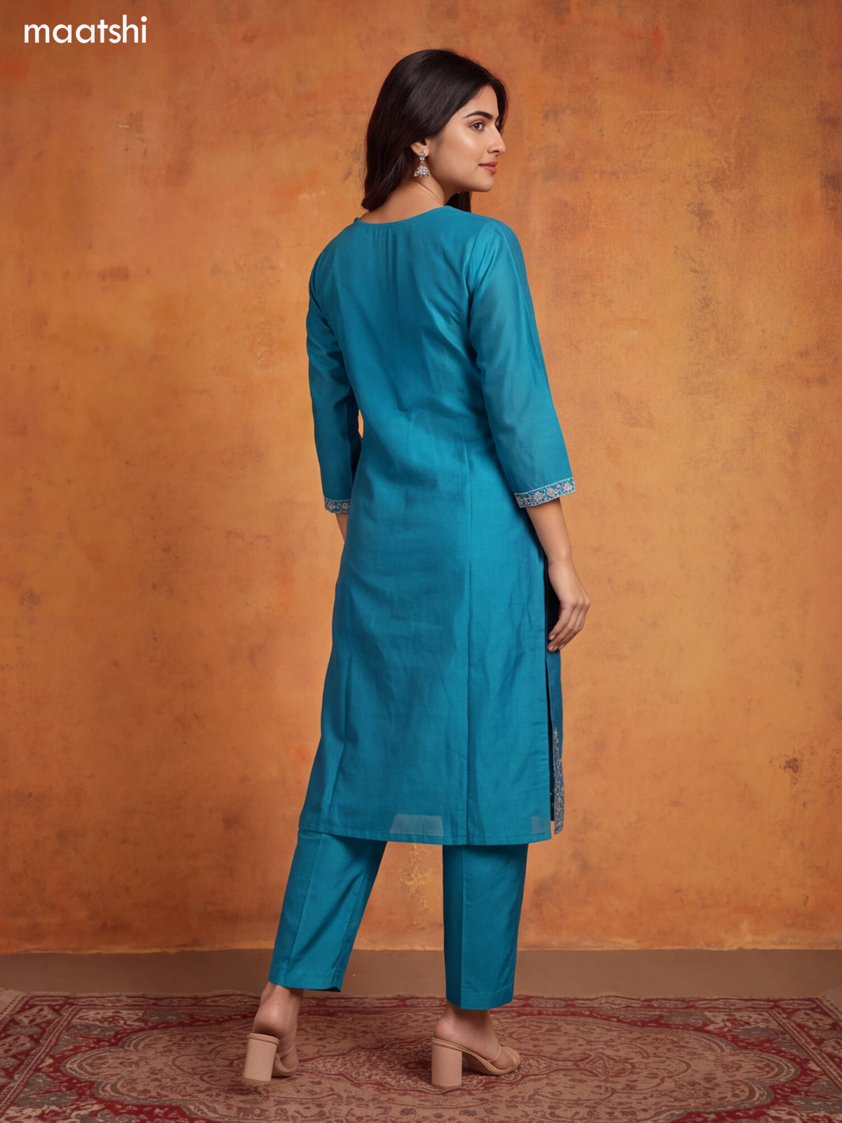 Teal Blue Chanderi Floral Embroidery Work V-Neckline Straight Suit