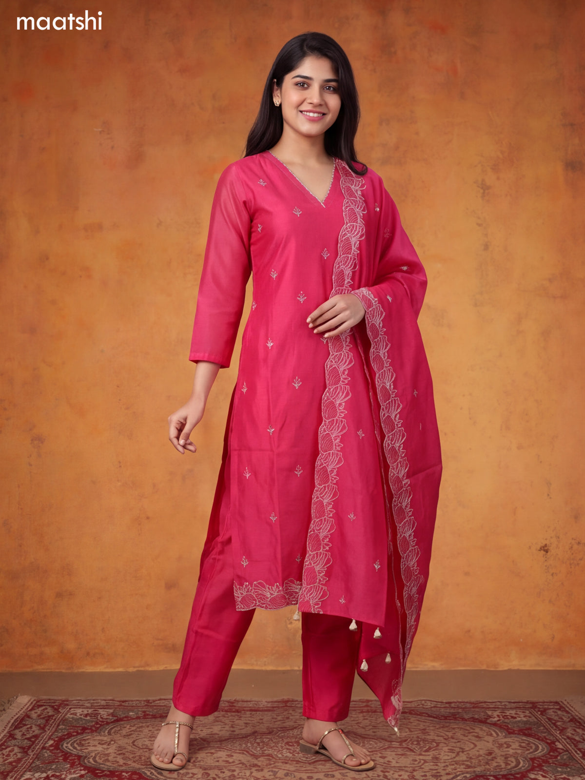 Pink Chanderi Floral Embroidery Work V-Neckline Straight Suit