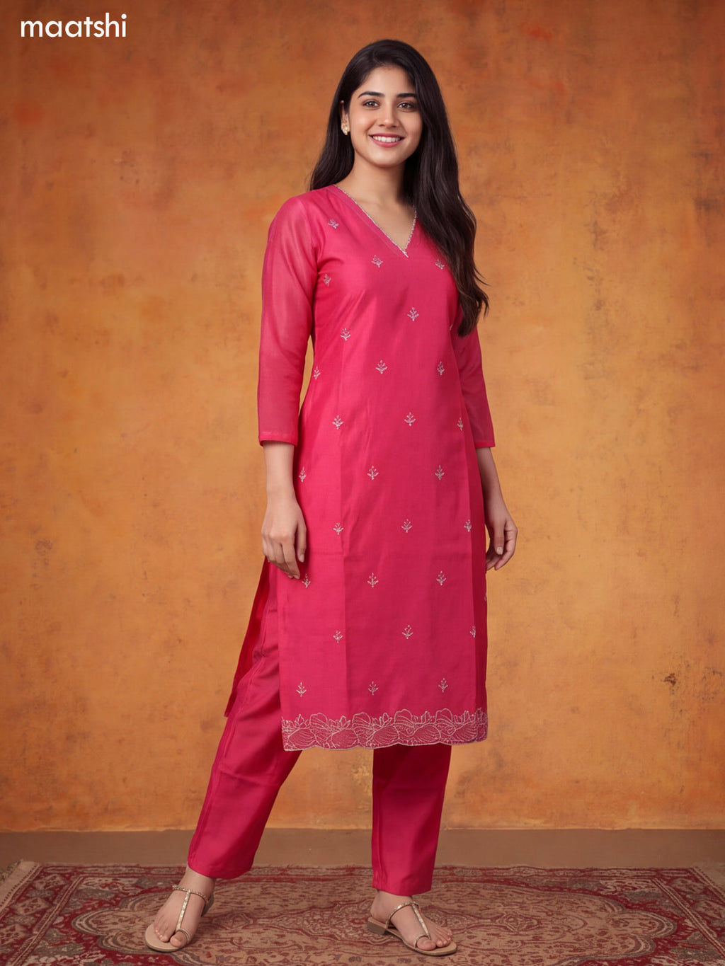 Pink Chanderi Floral Embroidery Work V-Neckline Straight Suit