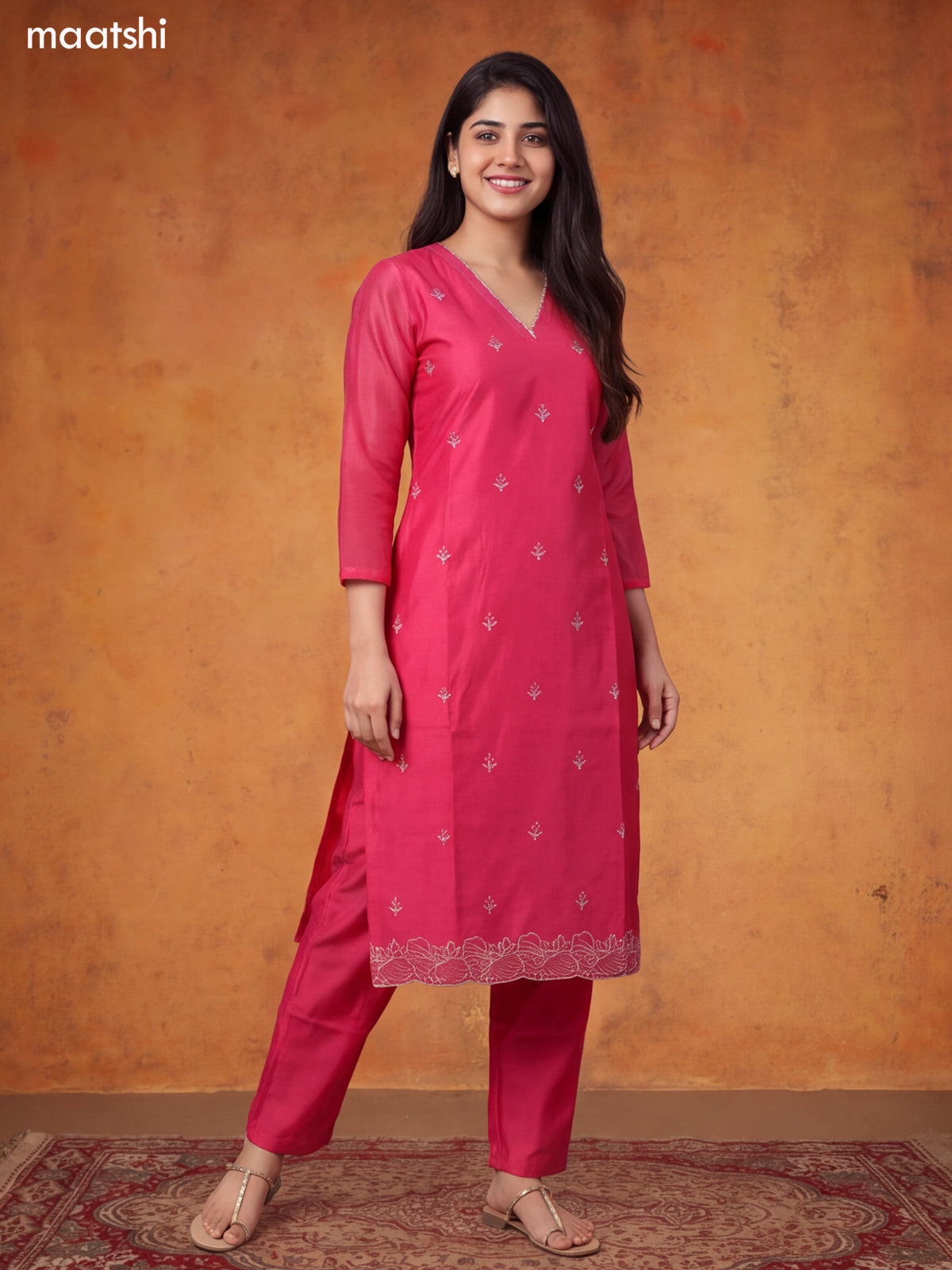 Pink Chanderi Floral Embroidery Work V-Neckline Straight Suit