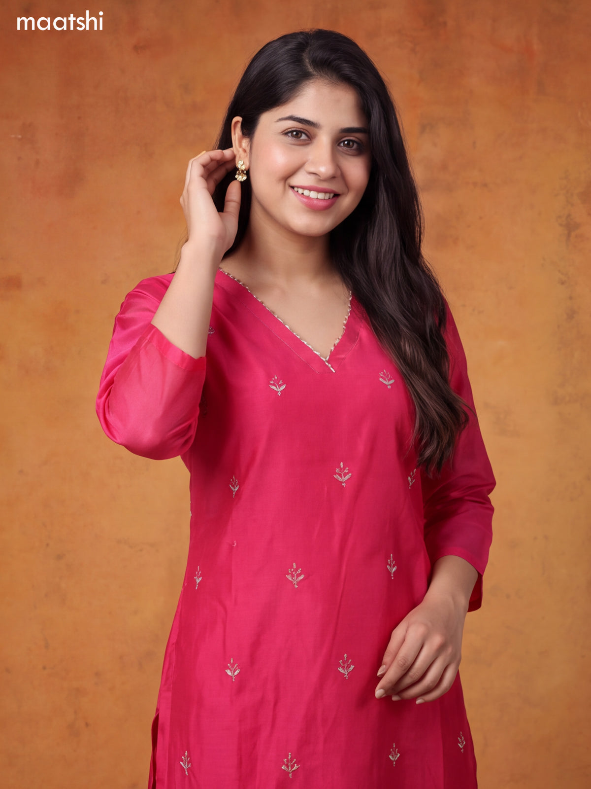 Pink Chanderi Floral Embroidery Work V-Neckline Straight Suit