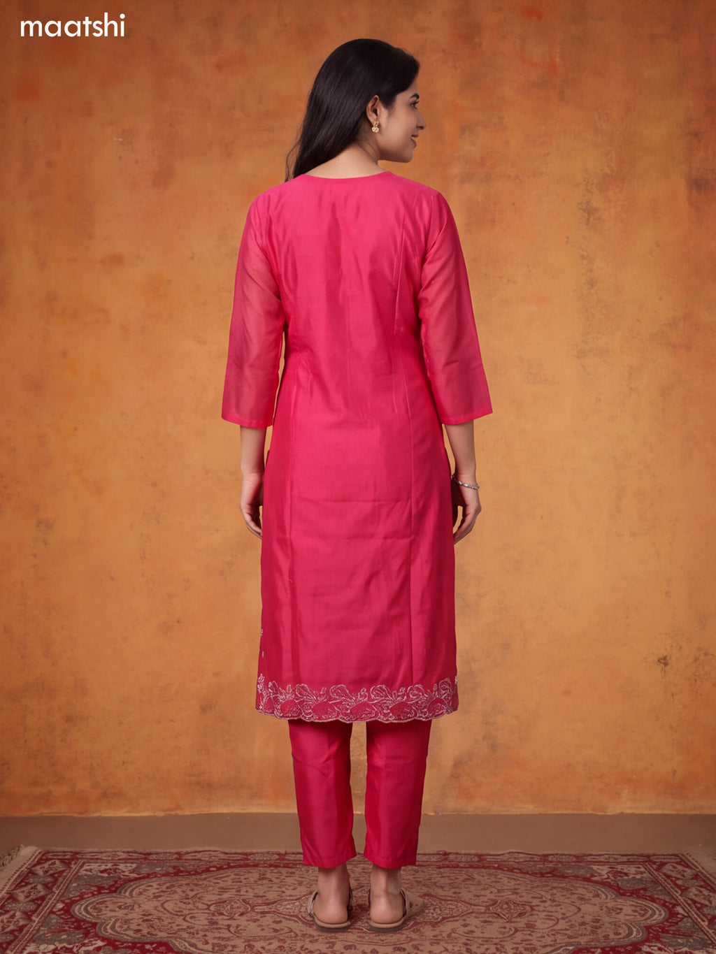 Pink Chanderi Floral Embroidery Work V-Neckline Straight Suit