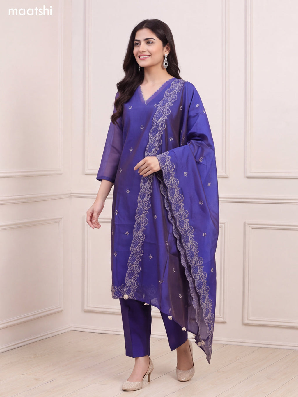 Dual Shade Of Blue Chanderi Floral Embroidery Work V-Neckline Straight Suit