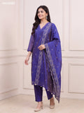 Dual Shade Of Blue Chanderi Floral Embroidery Work V-Neckline Straight Suit
