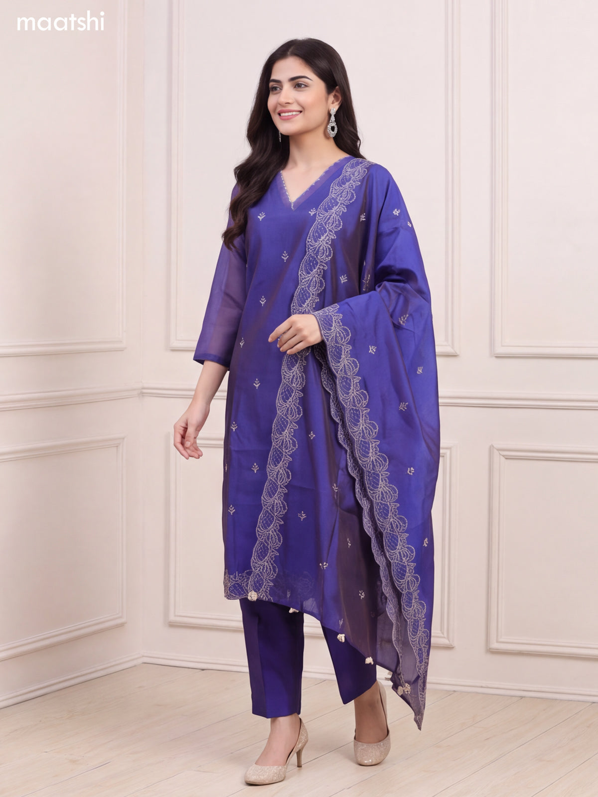 Dual Shade Of Blue Chanderi Floral Embroidery Work V-Neckline Straight Suit