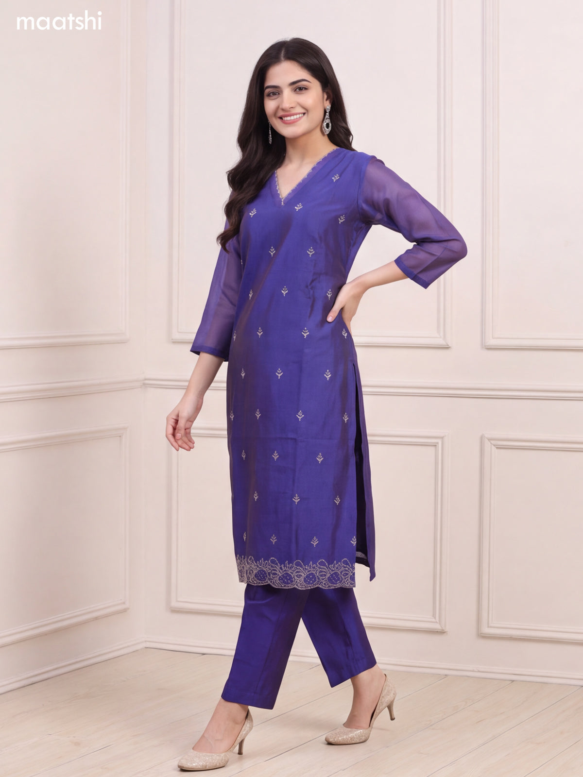 Dual Shade Of Blue Chanderi Floral Embroidery Work V-Neckline Straight Suit