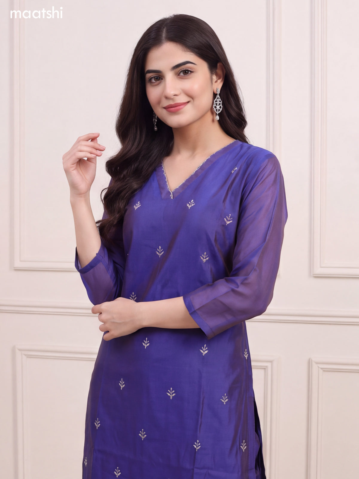 Dual Shade Of Blue Chanderi Floral Embroidery Work V-Neckline Straight Suit