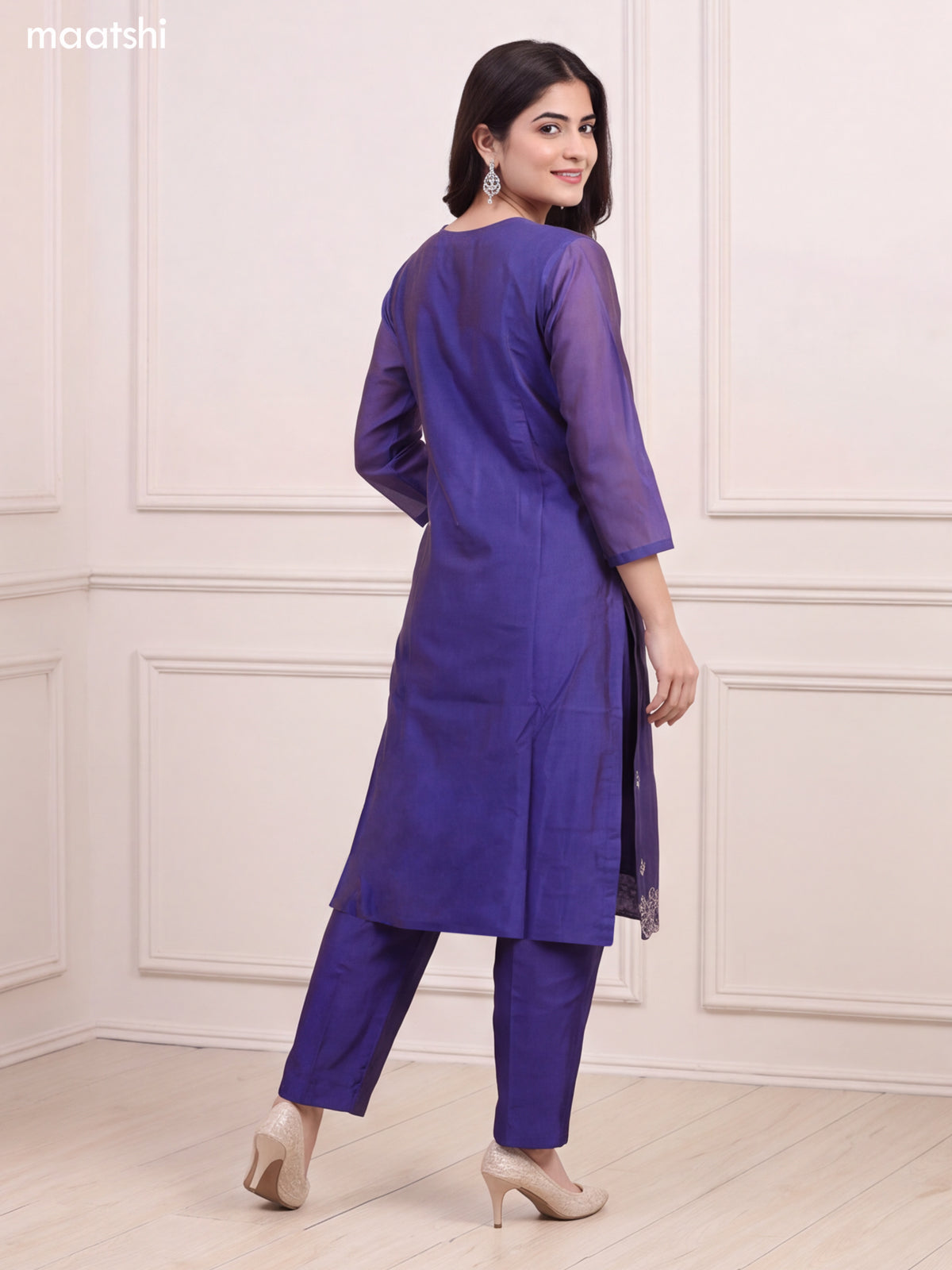 Dual Shade Of Blue Chanderi Floral Embroidery Work V-Neckline Straight Suit
