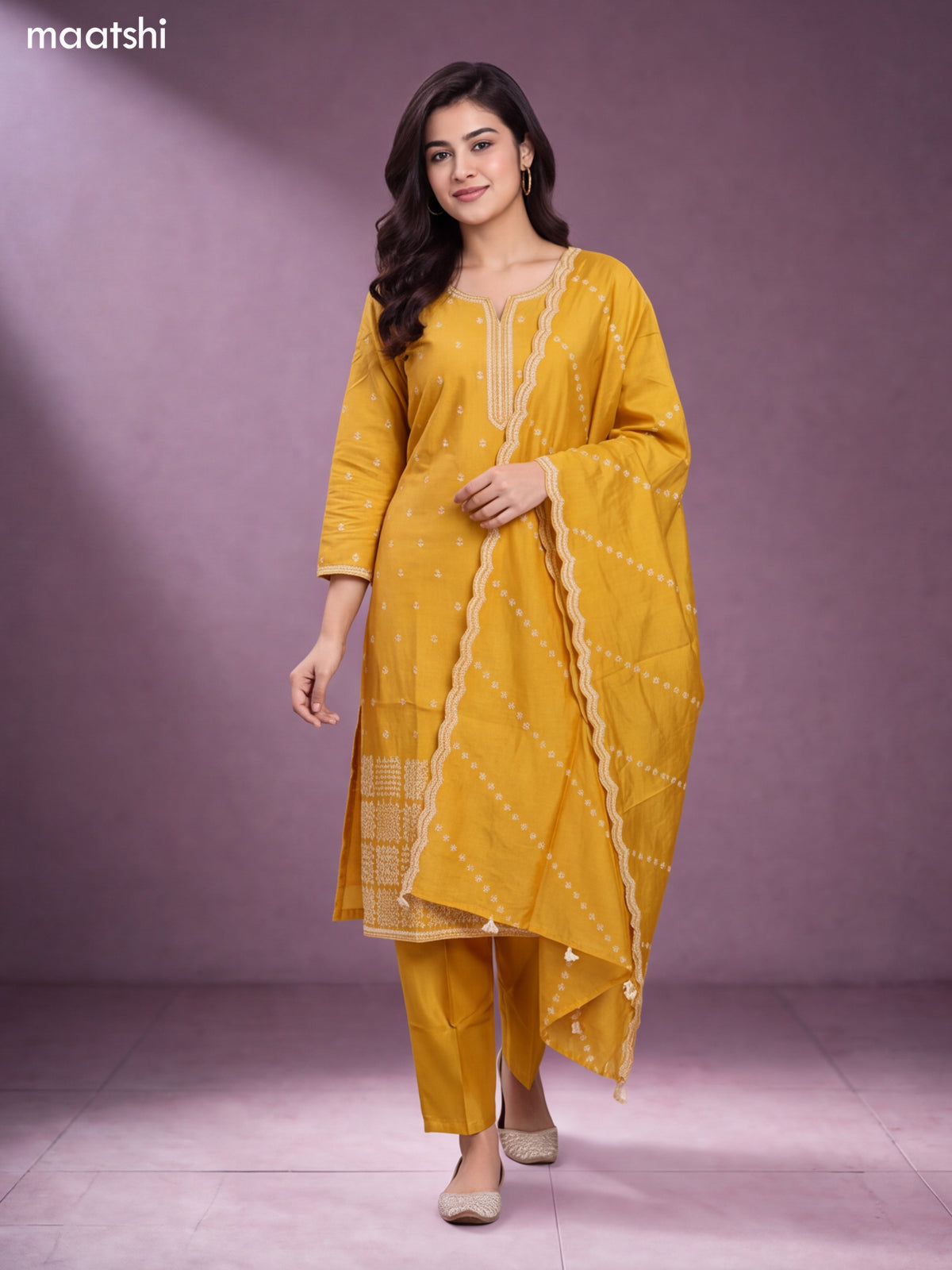 Mustard Yellow Chanderi Embroidery Work Straight Suit