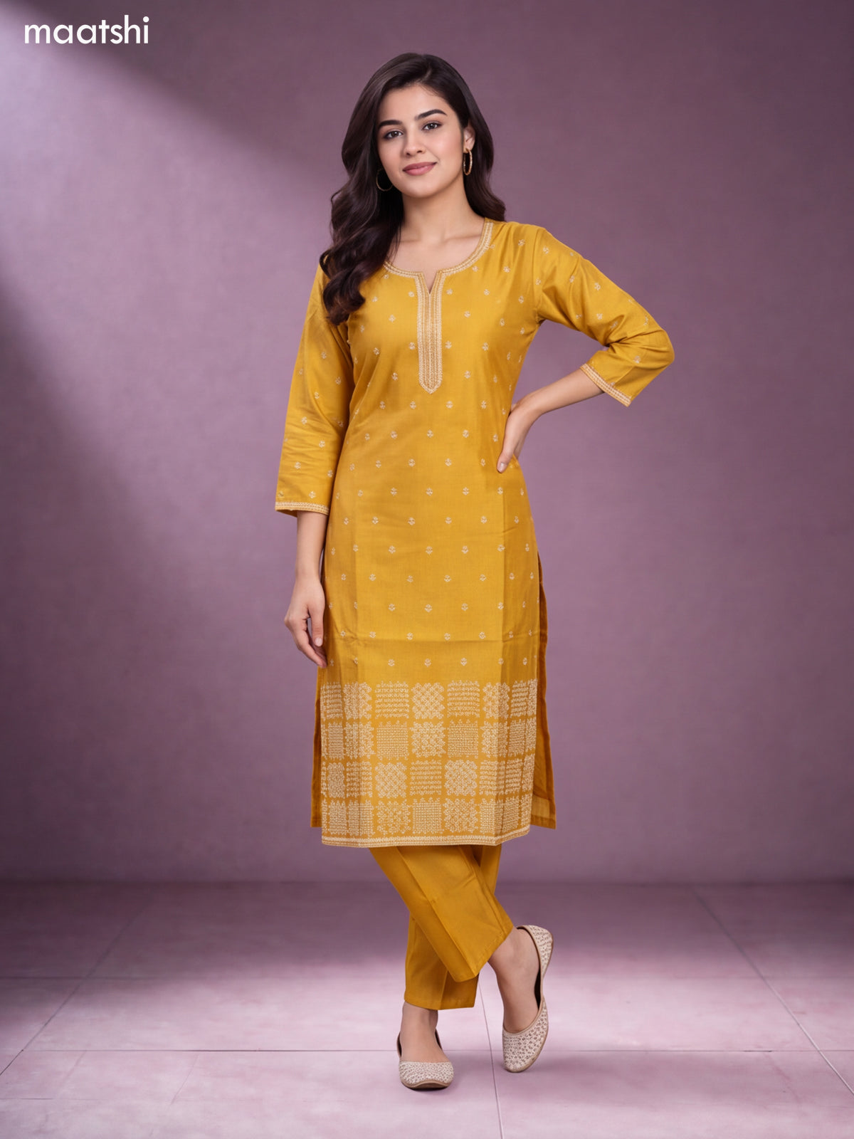 Mustard Yellow Chanderi Embroidery Work Straight Suit