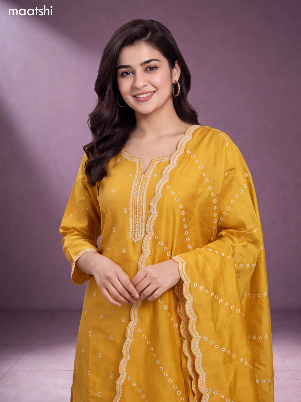 Mustard Yellow Chanderi Embroidery Work Straight Suit
