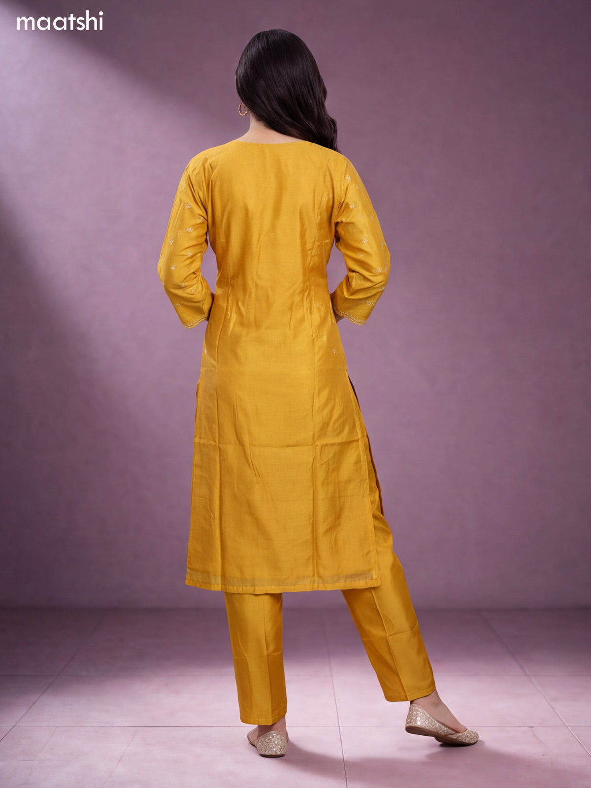 Mustard Yellow Chanderi Embroidery Work Straight Suit