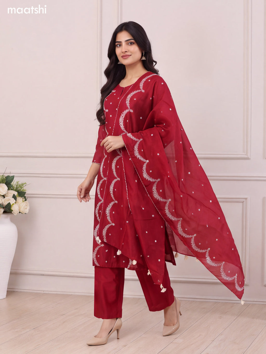 Maroon Chanderi Embroidery Work Straight Suit