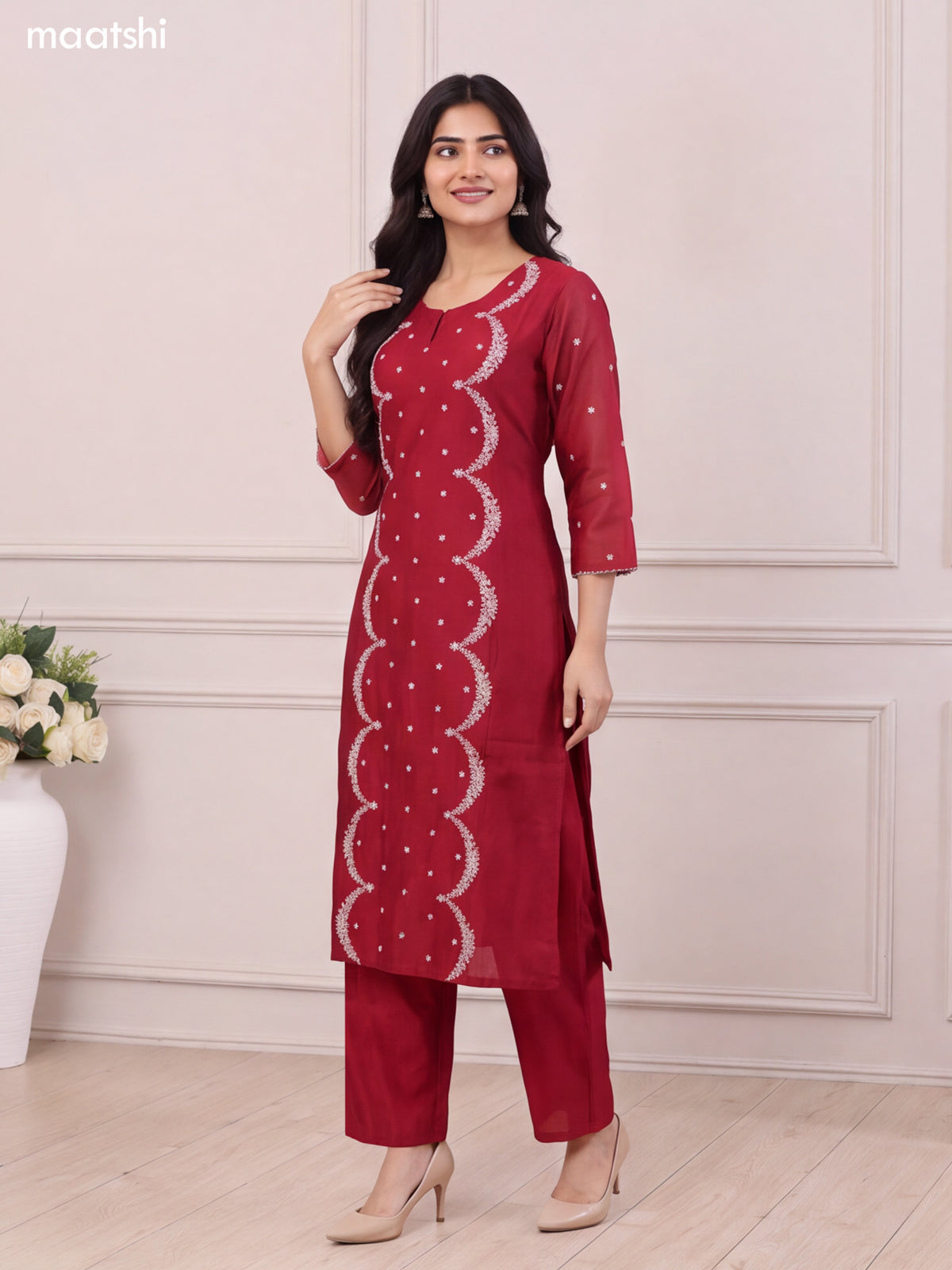 Maroon Chanderi Embroidery Work Straight Suit