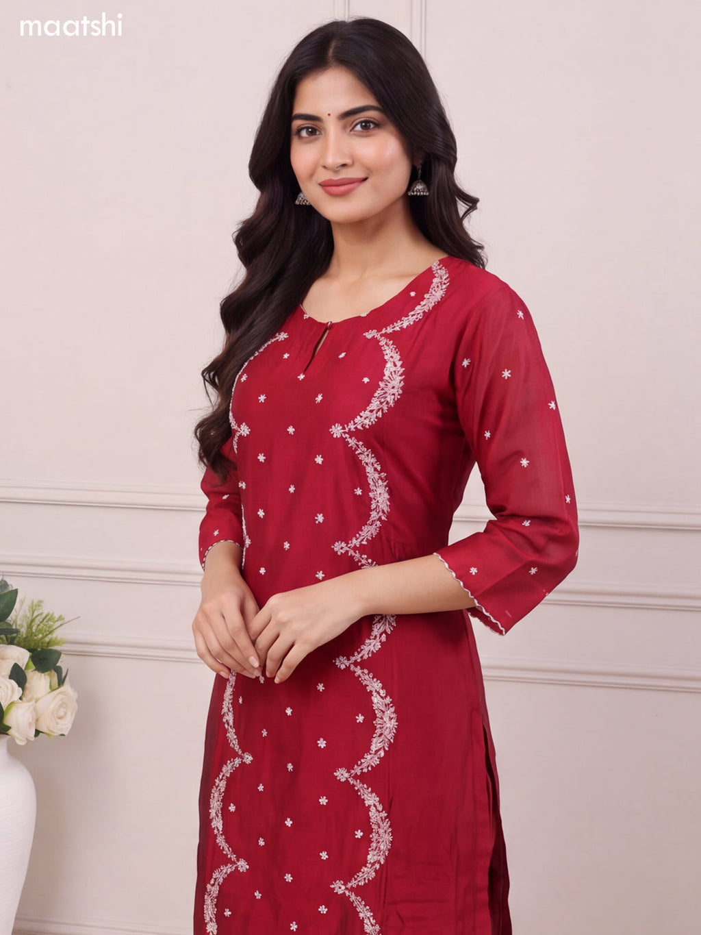 Maroon Chanderi Embroidery Work Straight Suit