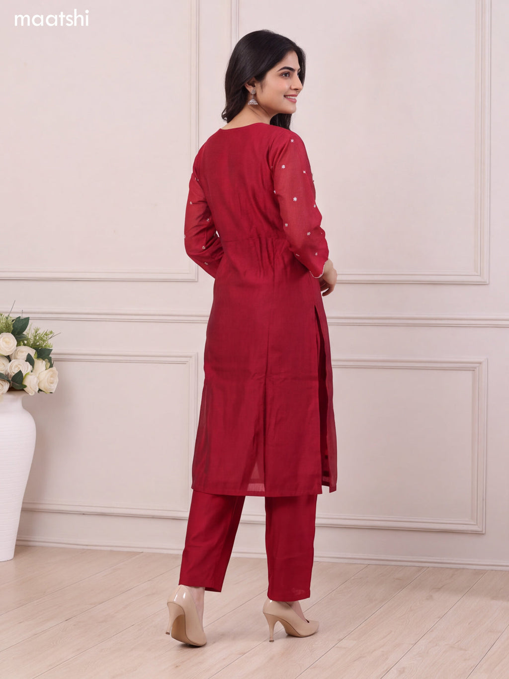 Maroon Chanderi Embroidery Work Straight Suit
