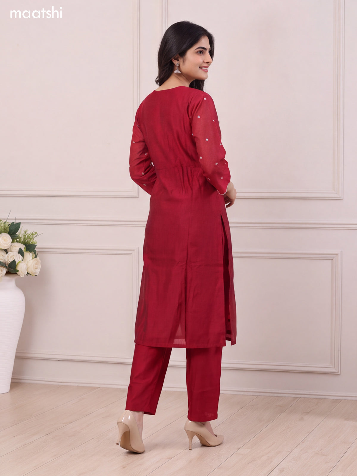 Maroon Chanderi Embroidery Work Straight Suit