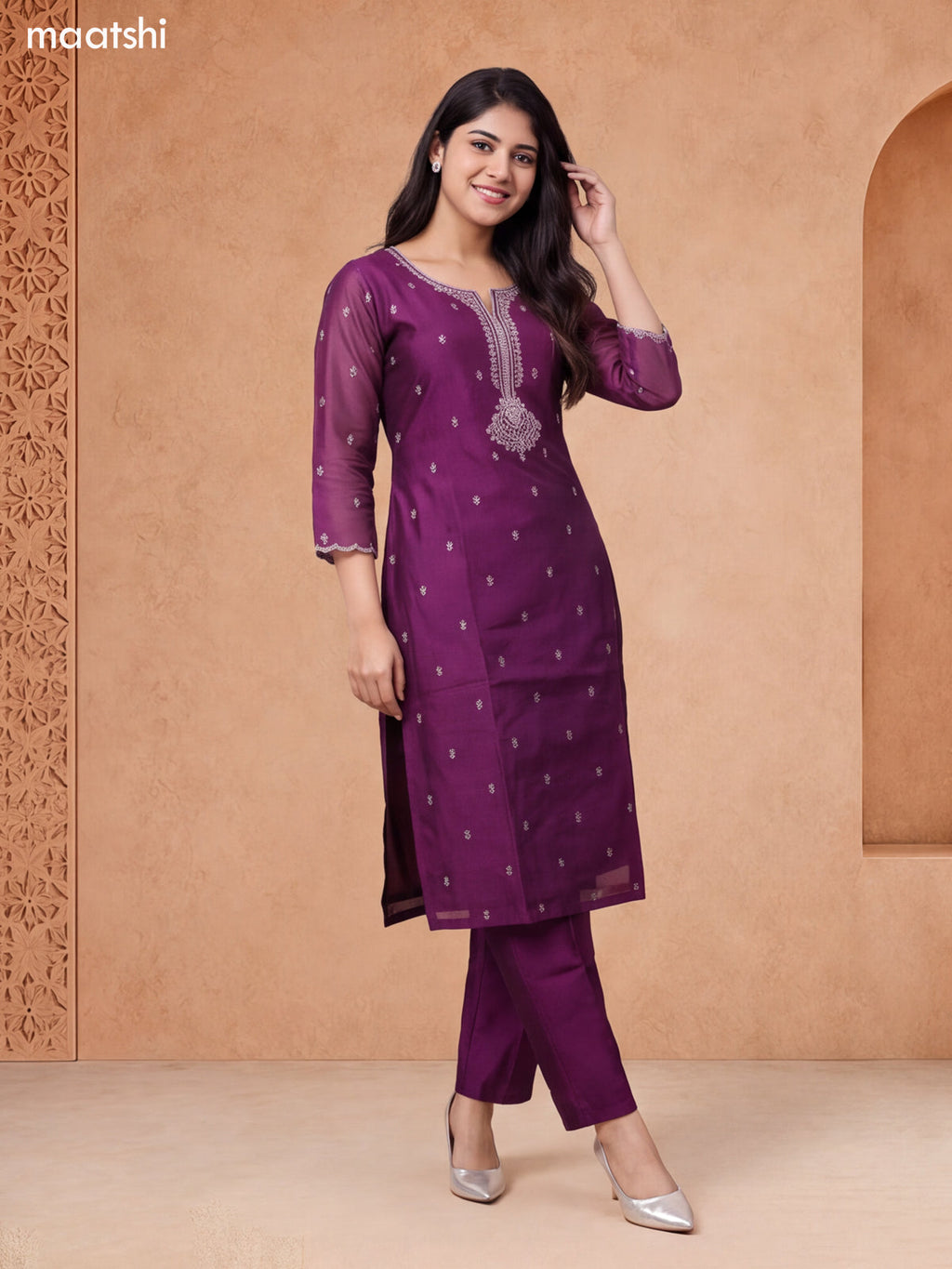 Deep Purple Chanderi Embroidery Work Straight Suit